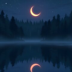 Anime-style glowing crescent moon reflected on a still forest lake at midnight.