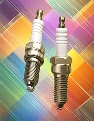 Two spark plugs against a colorful geometric background