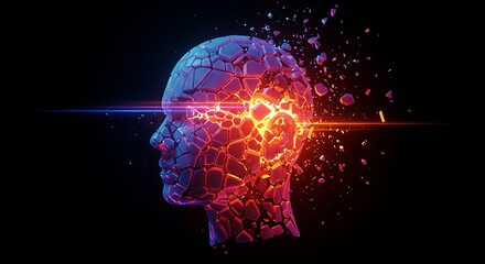 A conceptual illustration of a human head exploding with fiery internal energy and shattering into fragments.