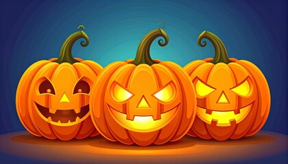 Fototapeta premium Three glowing jack-o'-lanterns with carved faces for Halloween celebration.