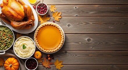 A delicious overhead view of a traditional thanksgiving dinner spread on a rustic wooden table featuring a golden roasted turkey pumpkin pie mashed potatoes green beans cranberry sauce and autumn leav
