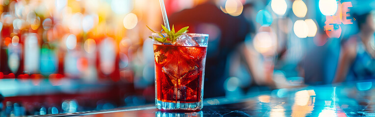 Refreshing red summer drink with strawberries and ice in glass
