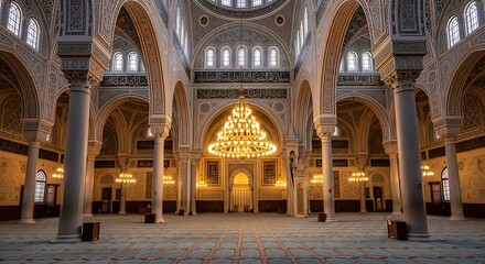 Fototapeta premium Interior of a Mosque with Arches and Chandelier.