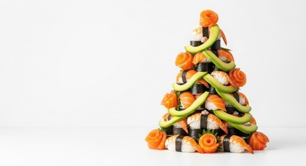 Creative christmas tree made of sushi and avocado, isolated on white background