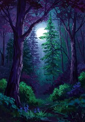 A mystical forest at night, bathed in moonlight, with tall trees and vibrant foliage creating an enchanting scene.