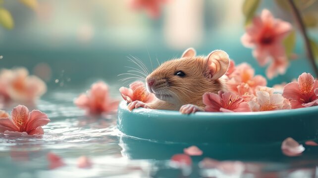 A rat enjoying a luxurious spa surrounded by exotic flowers and soothing water, experiencing relaxation and pampering in a serene setting.
