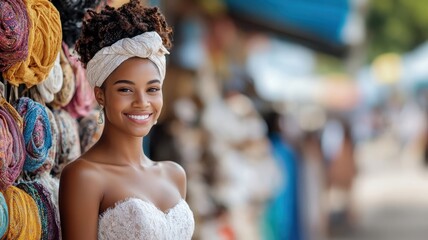 African women showcasing intricate wedding dresses at a vibrant bridal boutique.