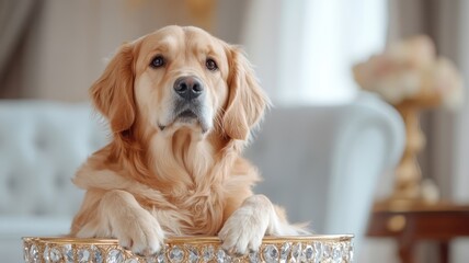 A Golden Retriever perched on a crystal podium adorned with gemstone accents.