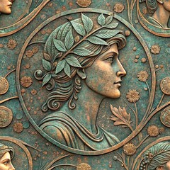 Art Nouveau relief medallion with female profile in turquoise and bronze patina, featuring flowing hair, floral wreath and decorative circular frame