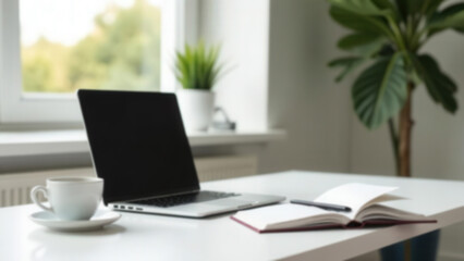 Workplace in light backgrounds by the window. Laptop, notebook and cup of coffee on a white table