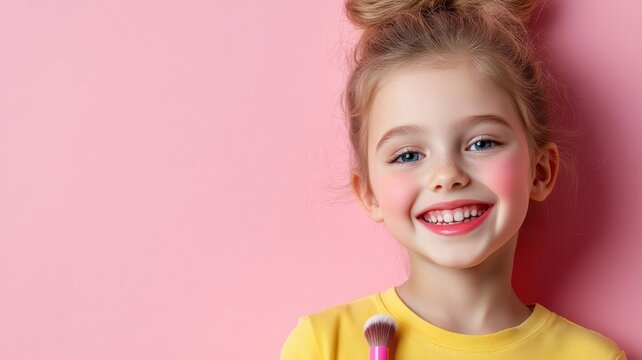 Kid playfully applying colorful makeup with a variety of fun and whimsical products, creating a joyful mess in a lively environment.