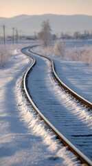 Snowy Winding Railroad Tracks In Winter Landscape