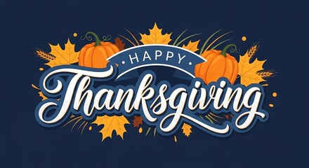 Happy thanksgiving hand lettered calligraphy with pumpkins and autumn leaves on a dark blue background celebrating the fall harvest season and festive holiday