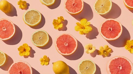 Flat lay pattern of sliced lemons, grapefruits, and oranges arranged with yellow flowers on a pastel background, vibrant fresh summer concept, minimal stock style