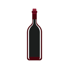 A minimalist flat design illustration of a dark red wine bottle with a dark grey interior and a pinkish red capsule on a solid black background