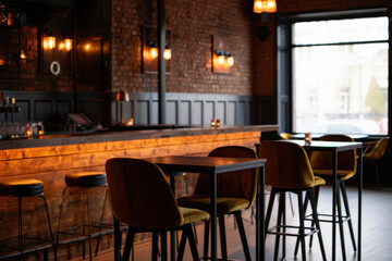 Cozy bar interior with wooden tables and chairs, warm lighting, and brick walls creating an inviting atmosphere for socializing and relaxation