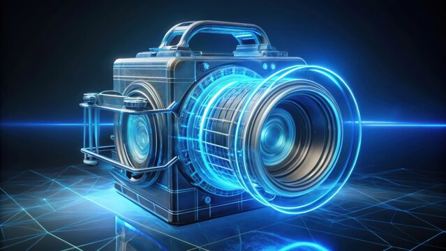 High quality futuristic camera with glowing blue energy aura
