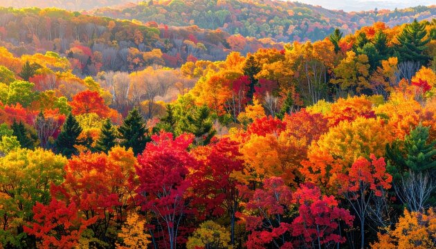 Aerial View of Vibrant Autumn Forest Landscape at Sunset with Colorful Deciduous Trees and Warm Golden Light in the Appalachian Mountains