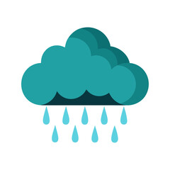 Stylized turquoise rain cloud with falling water droplets against a solid black background representing weather and precipitation