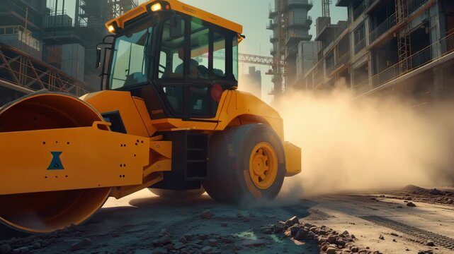 Road roller construction heavy equipment asphalt compaction dust sparks urban industry machinery power, vibrant scene steel structure street