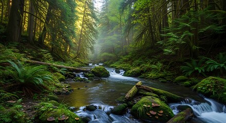 Fototapeta premium Lush green forest with a flowing stream and dappled sunlight.