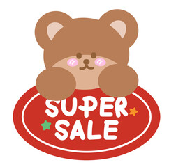 Cute Christmas SUPER SALE icon with teddy bear for online shopping, promotion, sticker, banner, special price, discount, web button, campaign badge, ad, brochure, price tag, animal, zoo, souvenir shop