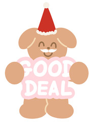 Cute Christmas GOOD DEAL sale icon with puppy, Santa beard, party hat for online shopping, promotion, sticker, banner, special price, discount, web button, campaign badge, brochure, price tag, animal
