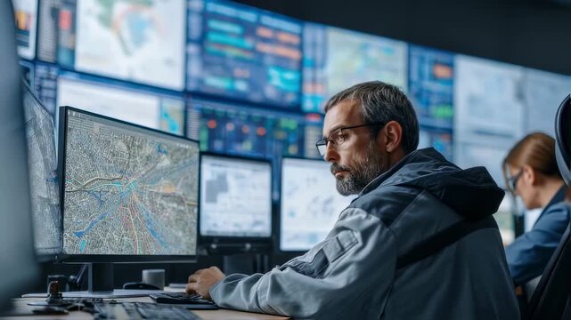 Professional male controller in a modern monitoring room, analyzing gps maps and telecommunications network traffic on multiple displays for navigation, security and infrastructure management