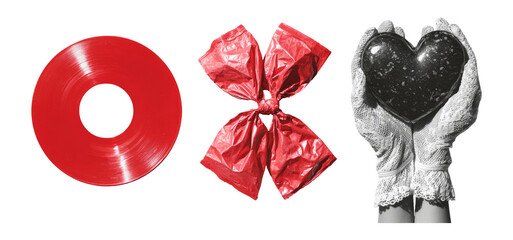 Red Vinyl Record and Gift Bow with Heart Shape in Gloves Isolated Design