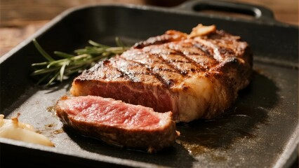 Grilled steak with a slice cut, showing medium-rare interior, served on a baking tray with rosemary and garlic.
