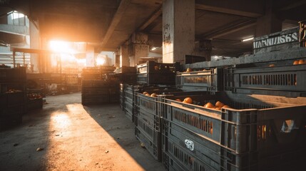 Sunlit Warehouse with Stacked Crates of Fresh Produce in Urban Environment, Capturing the Essence of Market Life and Industry Vibes