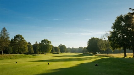 Naklejka premium A serene golf course with lush green fairways, scattered trees, and clear blue sky under morning sunlight.