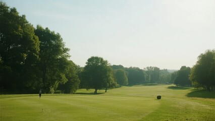 Obraz premium A serene golf course with lush green fairways, scattered trees, and a distant golfer under a clear sky.