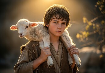 Biblical shepherd boy David holding lamb at sunset