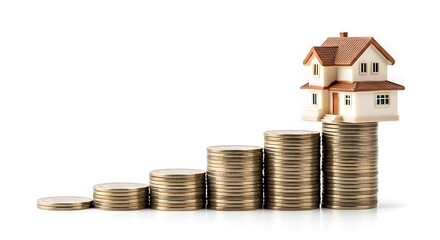Concept of real estate investment growth and financial accumulation represented by a house on stacked coins forming a rising graph on white background