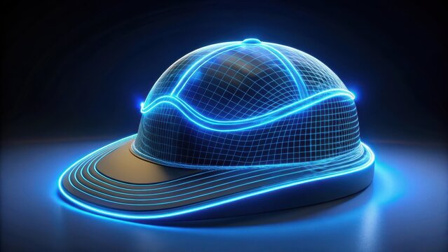 High quality photo of a futuristic baseball cap with glowing blue neon accents