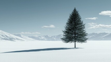 Fototapeta premium Lone evergreen tree casts shadow in a snow covered valley under blue sky