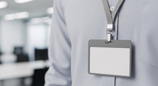 Professional identification badge at modern office showcases corporate identity and security protocols, perfect for business branding and staff recognition