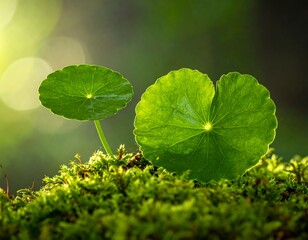 Two vibrant green leaves on moss, bathed in sunlight
