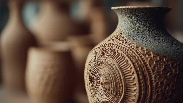 Closeup medium shot of a textured ceramic vase showcasing its raised patterns with the background artfully blurred to emphasize the tactile detail and artisan skill.
