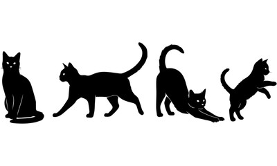 Black Cat Silhouette Vector Set: Collection of Four Feline Poses Including Sitting, Stretching, and Walking for Halloween, Pet Shop, and Minimalist Animal Graphics