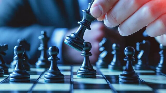 Close-Up of Chess Pieces on a Board with a Hand Making a Move in a Strategic Game Setting for Intense Competition 4k video footage