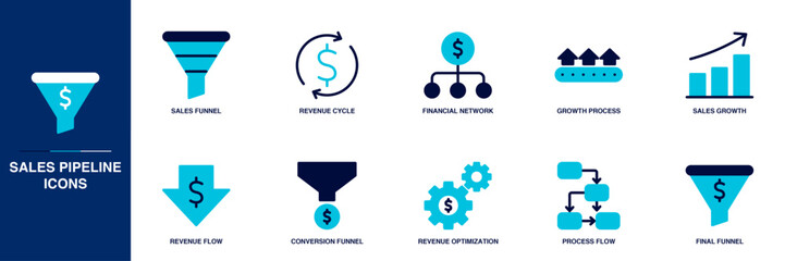 Sales Pipeline Blue Colored Outline Icon Set
