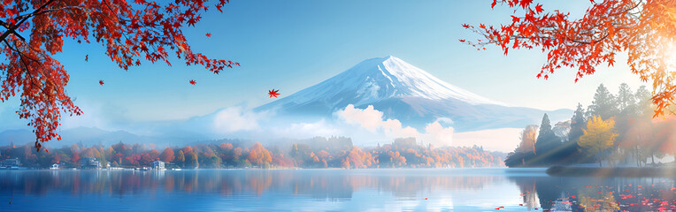 Peaceful Mount Fuji standing tall above clouds beneath blue morning sky