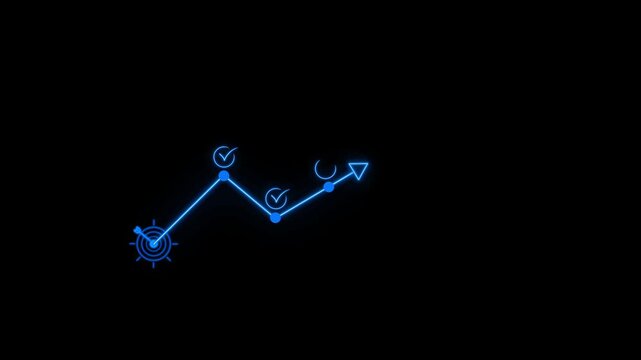 Business success roadmap concept. Points to a upward path marked by progress icons and check marks, representing strategic planning, 4k video glowing animation