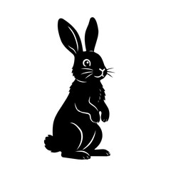 Vector silhouette of a rabbit sitting upright in black and white, isolated on white background. Perfect for pet icon, Easter design, wildlife illustration, or logo element