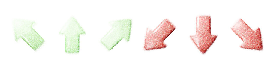 Set of green up arrows and red down arrows with grainy noise blur texture, abstract halftone gradient symbol for stock market, finance, growth, decline, trading, digital infographic design