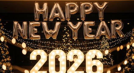 Happy new year 2026 festive glowing lights decorations celebration eve new beginning