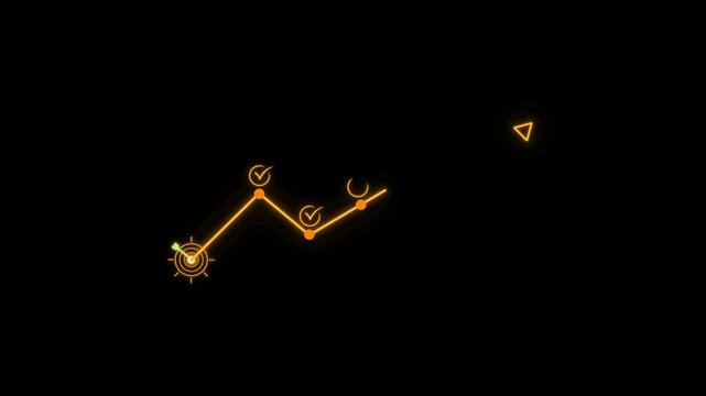 Business success roadmap concept. Points to a upward path marked by progress icons and check marks, representing strategic planning, 4k video glowing animation