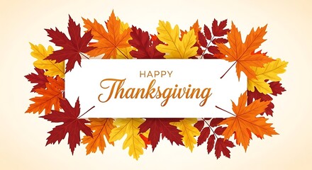 Festive thanksgiving greeting card design featuring a vibrant border of autumn leaves in red orange and yellow surrounding a white banner with elegant script text that reads happy thanksgiving